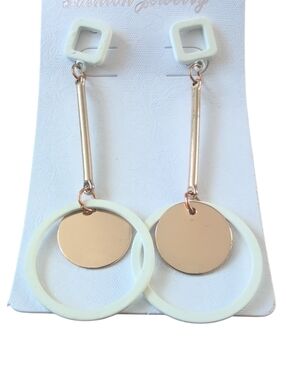 Geometric White Circle Drop Earrings Gold Tone Disc Dangle Minimalist Statement